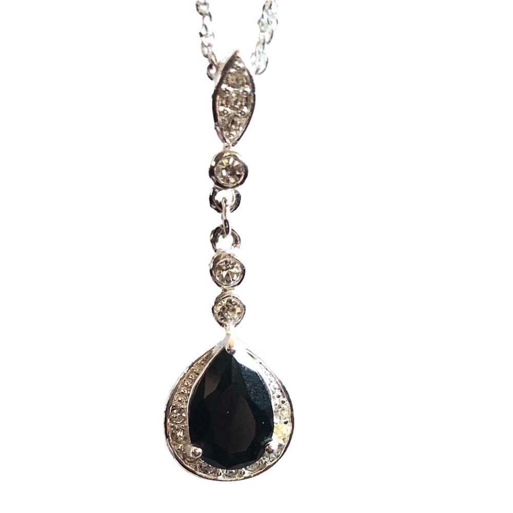 Y2K Rhinestone Black Stone Teardrop Pendant Silver Tone Necklace Prom